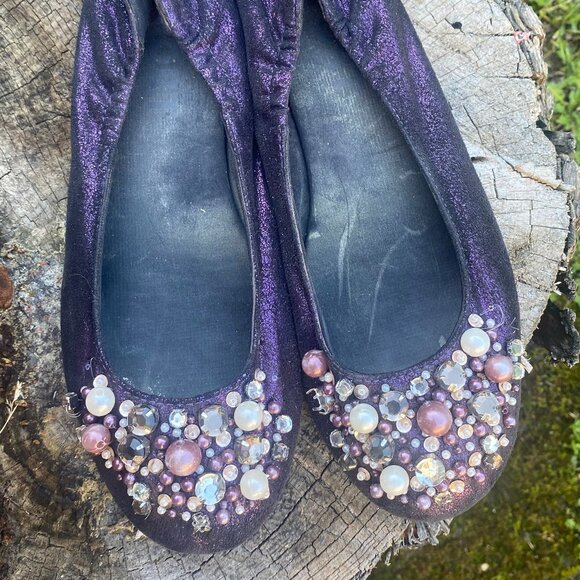 Women's Size 8.5 Purple Satin Ballerina Shoes with Decorative Pearls and Beads - Picture 2 of 7